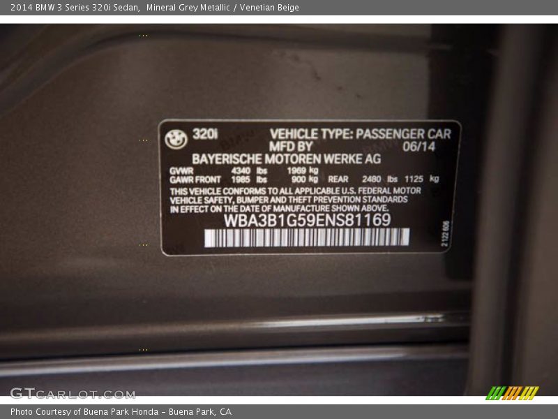 Mineral Grey Metallic / Venetian Beige 2014 BMW 3 Series 320i Sedan