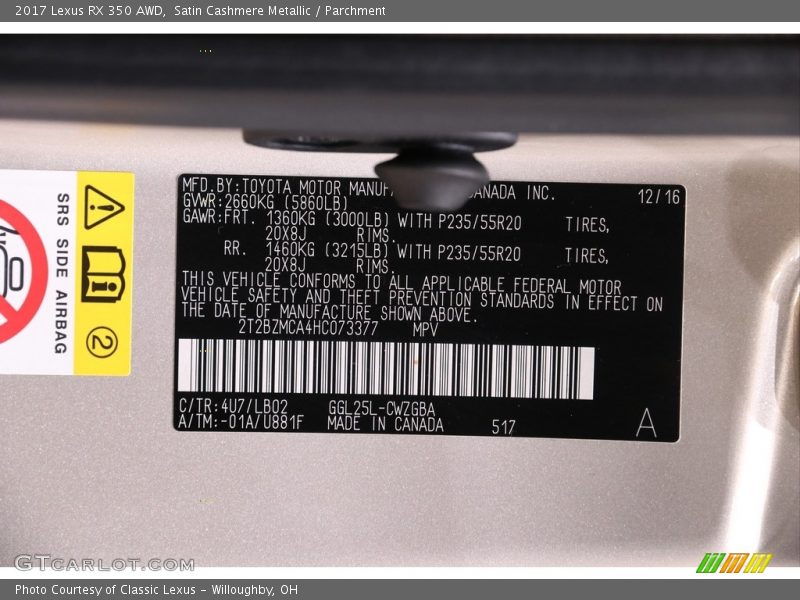 Satin Cashmere Metallic / Parchment 2017 Lexus RX 350 AWD