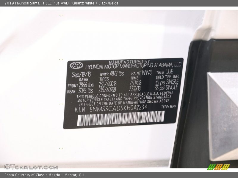 Quartz White / Black/Beige 2019 Hyundai Santa Fe SEL Plus AWD