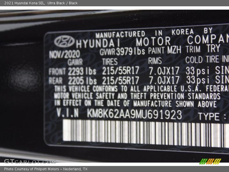 Ultra Black / Black 2021 Hyundai Kona SEL