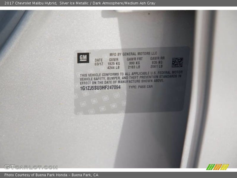 Silver Ice Metallic / Dark Atmosphere/Medium Ash Gray 2017 Chevrolet Malibu Hybrid