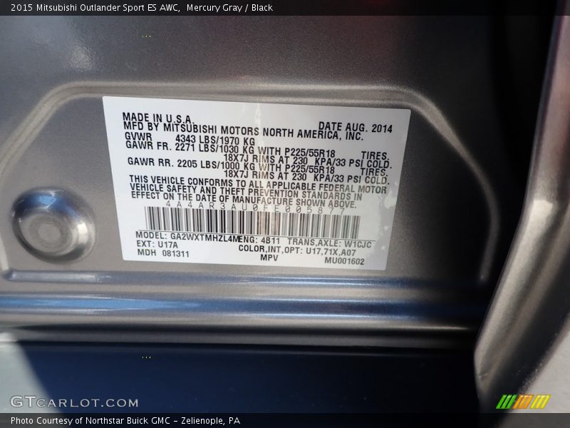 2015 Outlander Sport ES AWC Mercury Gray Color Code U17