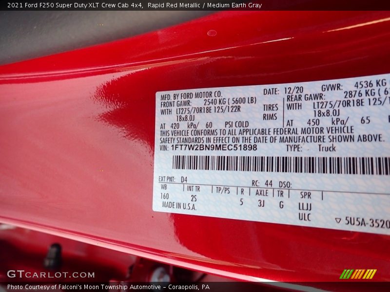 2021 F250 Super Duty XLT Crew Cab 4x4 Rapid Red Metallic Color Code D4
