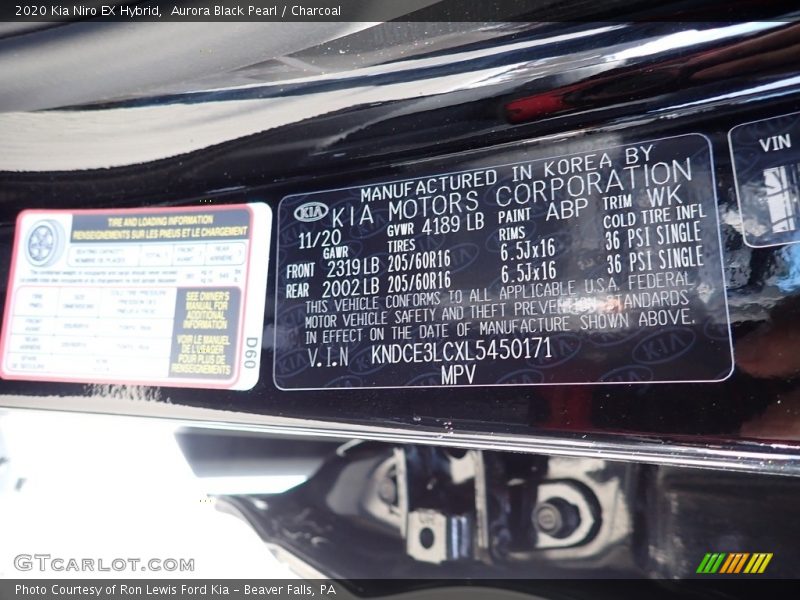 Aurora Black Pearl / Charcoal 2020 Kia Niro EX Hybrid