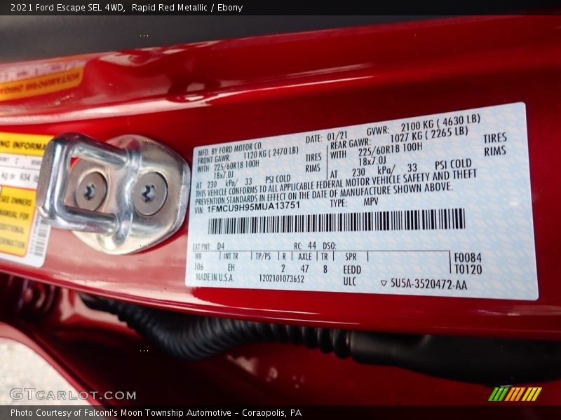 2021 Escape SEL 4WD Rapid Red Metallic Color Code D4
