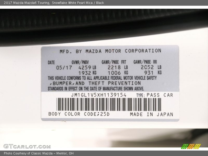 Snowflake White Pearl Mica / Black 2017 Mazda Mazda6 Touring