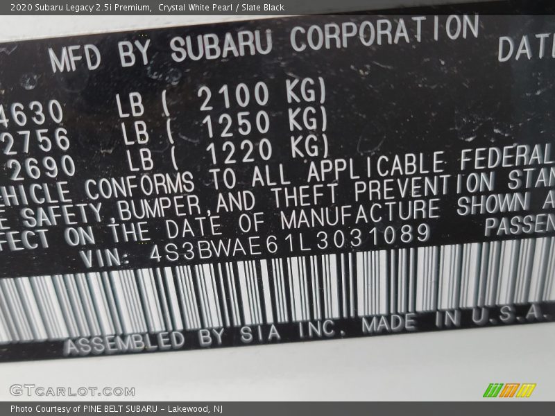 Crystal White Pearl / Slate Black 2020 Subaru Legacy 2.5i Premium