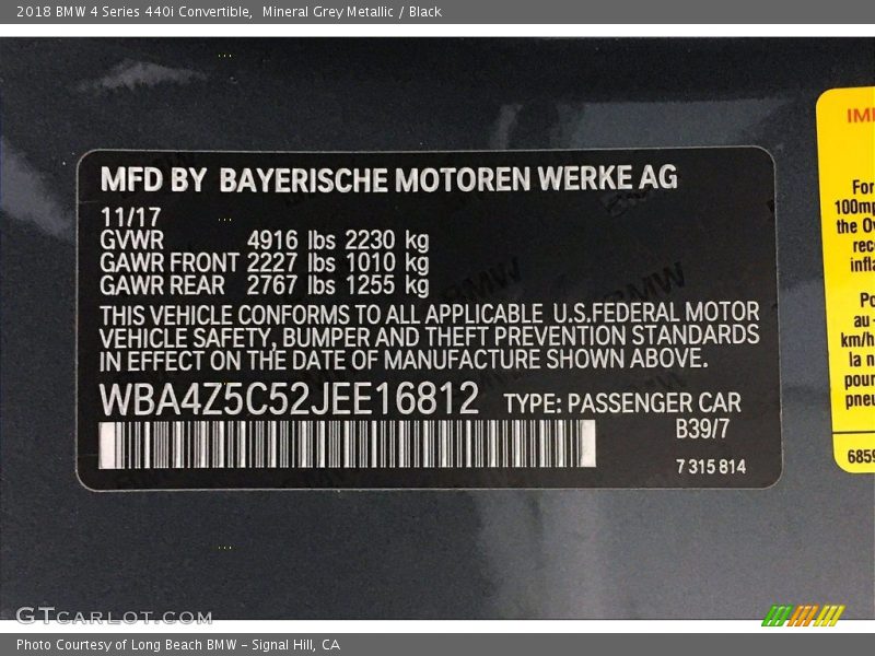 Mineral Grey Metallic / Black 2018 BMW 4 Series 440i Convertible