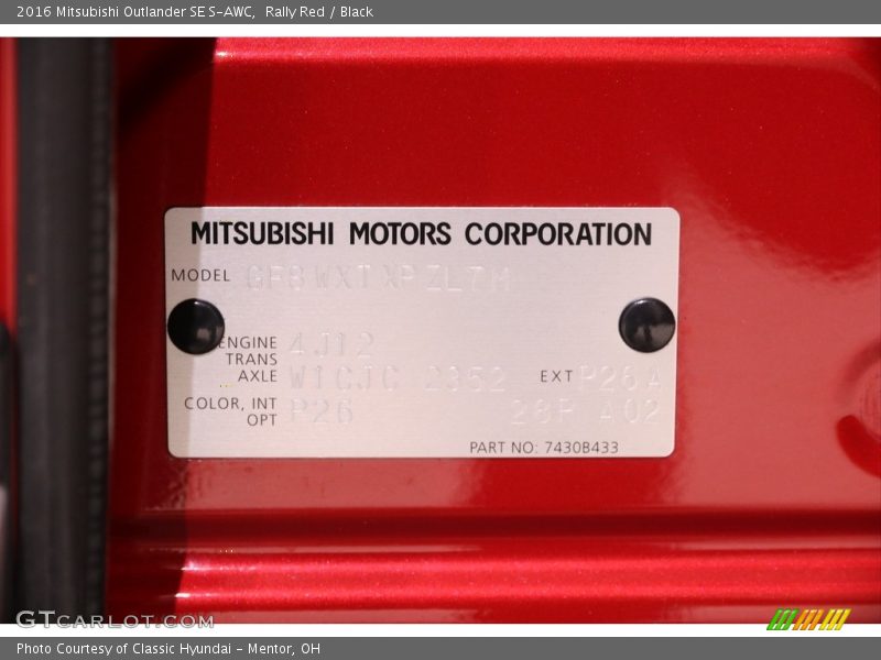 2016 Outlander SE S-AWC Rally Red Color Code P26