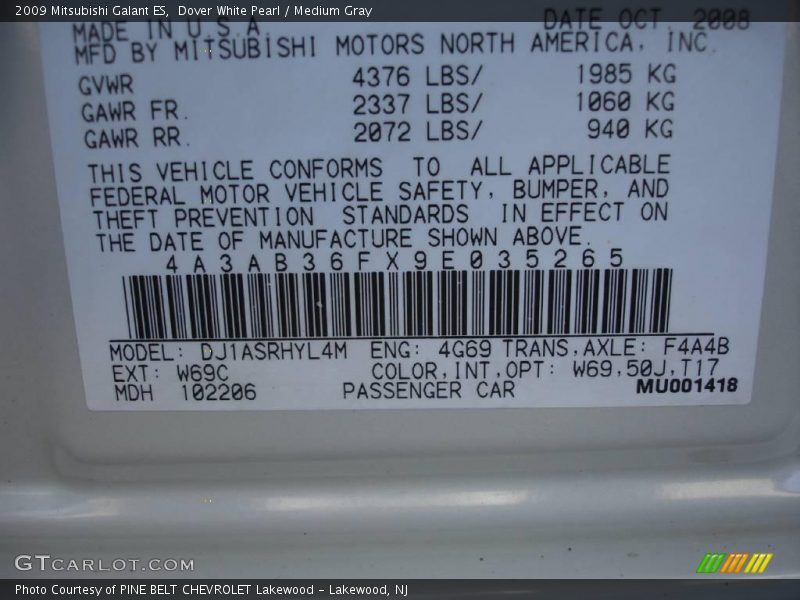 Dover White Pearl / Medium Gray 2009 Mitsubishi Galant ES