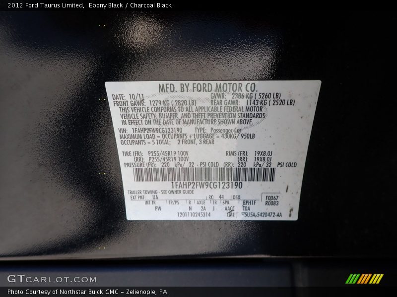 Ebony Black / Charcoal Black 2012 Ford Taurus Limited