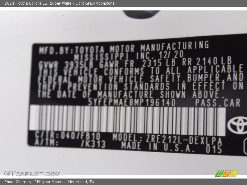 Super White / Light Gray/Moonstone 2021 Toyota Corolla LE