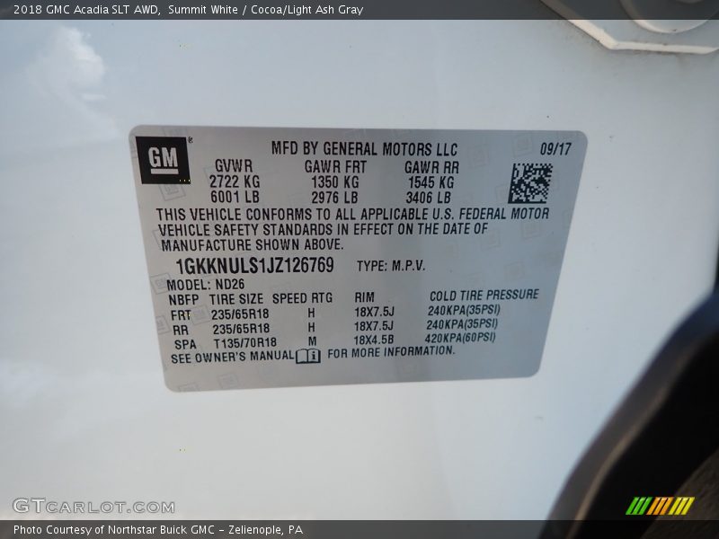 Summit White / Cocoa/Light Ash Gray 2018 GMC Acadia SLT AWD