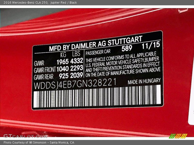 2016 CLA 250 Jupiter Red Color Code 589