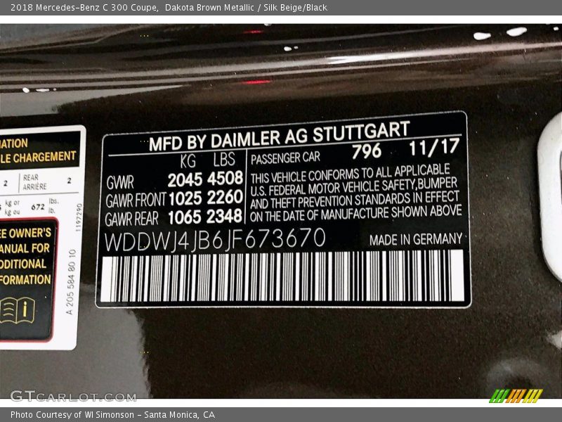 2018 C 300 Coupe Dakota Brown Metallic Color Code 796