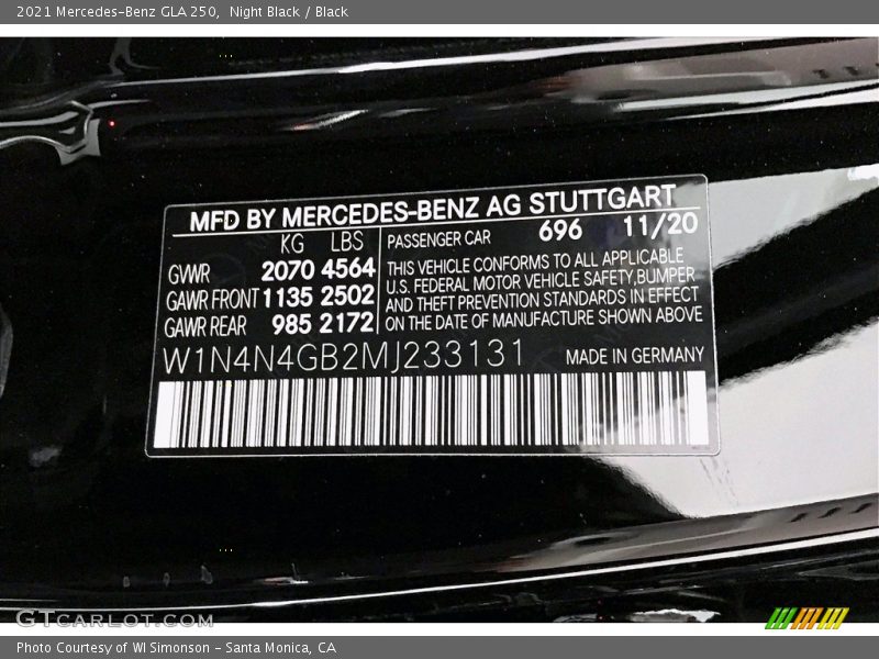 Night Black / Black 2021 Mercedes-Benz GLA 250