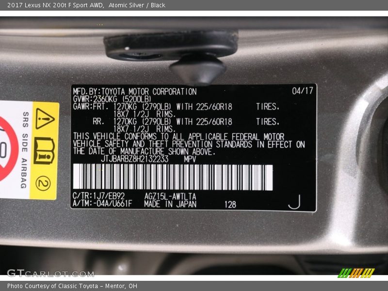 Atomic Silver / Black 2017 Lexus NX 200t F Sport AWD