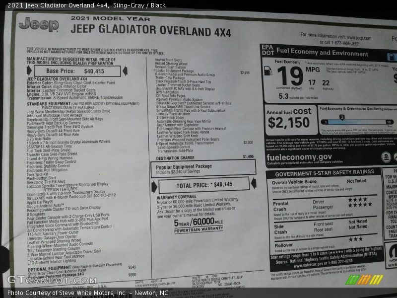 Sting-Gray / Black 2021 Jeep Gladiator Overland 4x4