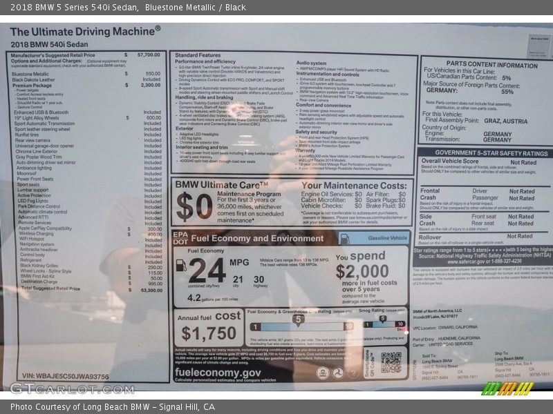 Bluestone Metallic / Black 2018 BMW 5 Series 540i Sedan