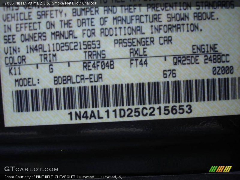Smoke Metallic / Charcoal 2005 Nissan Altima 2.5 S