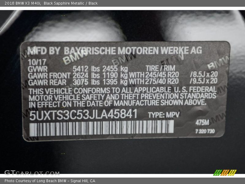2018 X3 M40i Black Sapphire Metallic Color Code 475