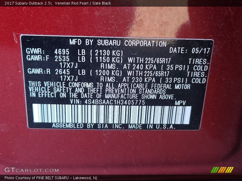 Venetian Red Pearl / Slate Black 2017 Subaru Outback 2.5i