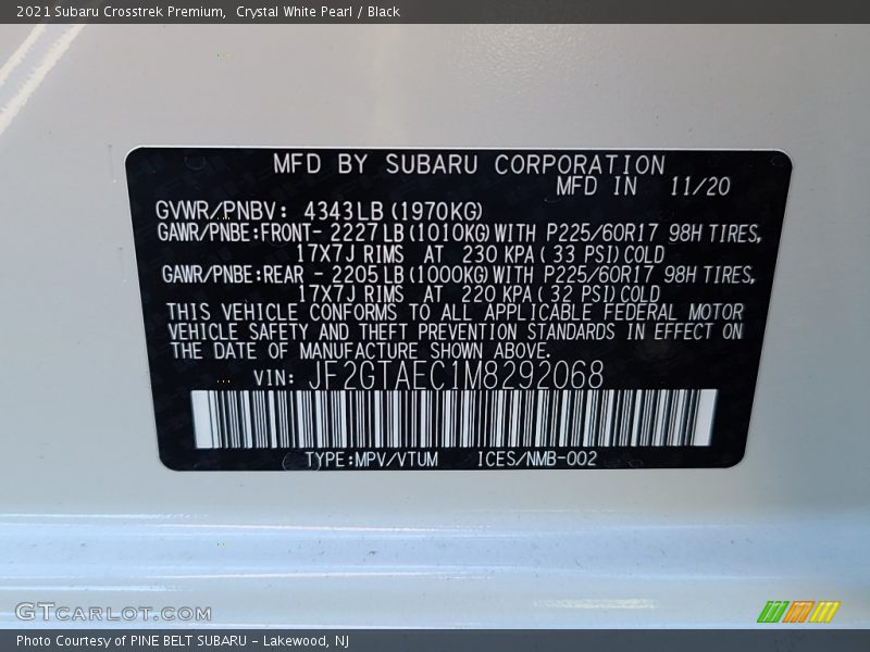Crystal White Pearl / Black 2021 Subaru Crosstrek Premium
