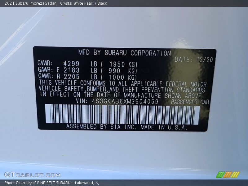 Crystal White Pearl / Black 2021 Subaru Impreza Sedan