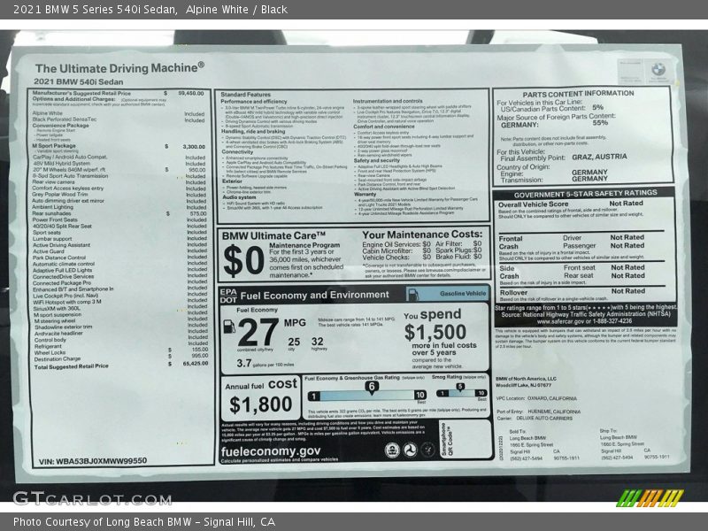 Alpine White / Black 2021 BMW 5 Series 540i Sedan