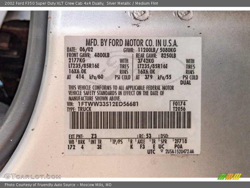 2002 F350 Super Duty XLT Crew Cab 4x4 Dually Silver Metallic Color Code Z3