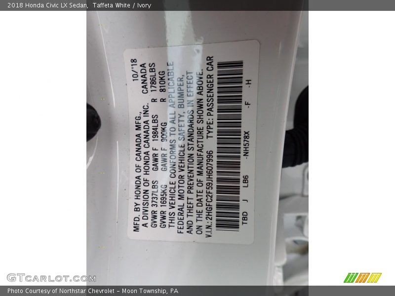 Taffeta White / Ivory 2018 Honda Civic LX Sedan