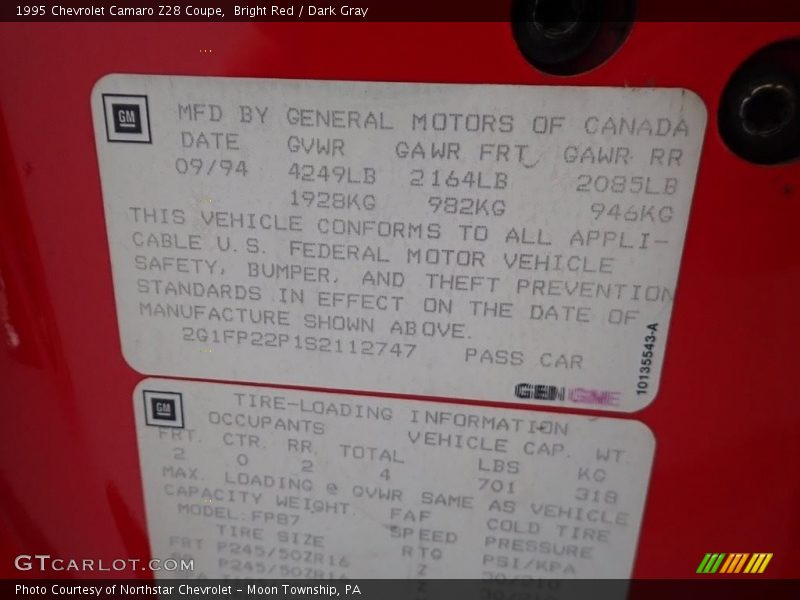 Bright Red / Dark Gray 1995 Chevrolet Camaro Z28 Coupe