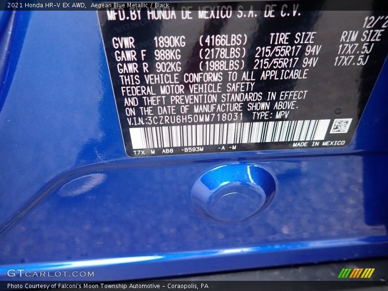 Aegean Blue Metallic / Black 2021 Honda HR-V EX AWD