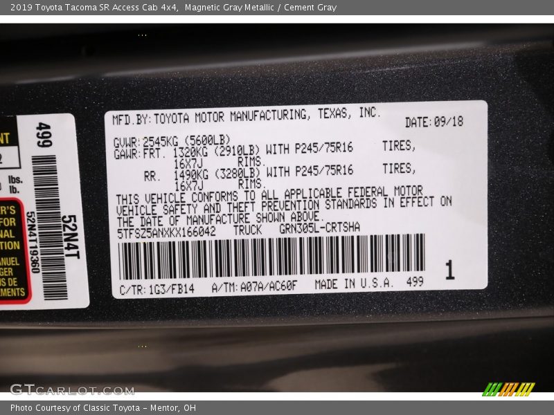 Magnetic Gray Metallic / Cement Gray 2019 Toyota Tacoma SR Access Cab 4x4