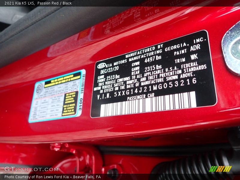 2021 K5 LXS Passion Red Color Code ADR