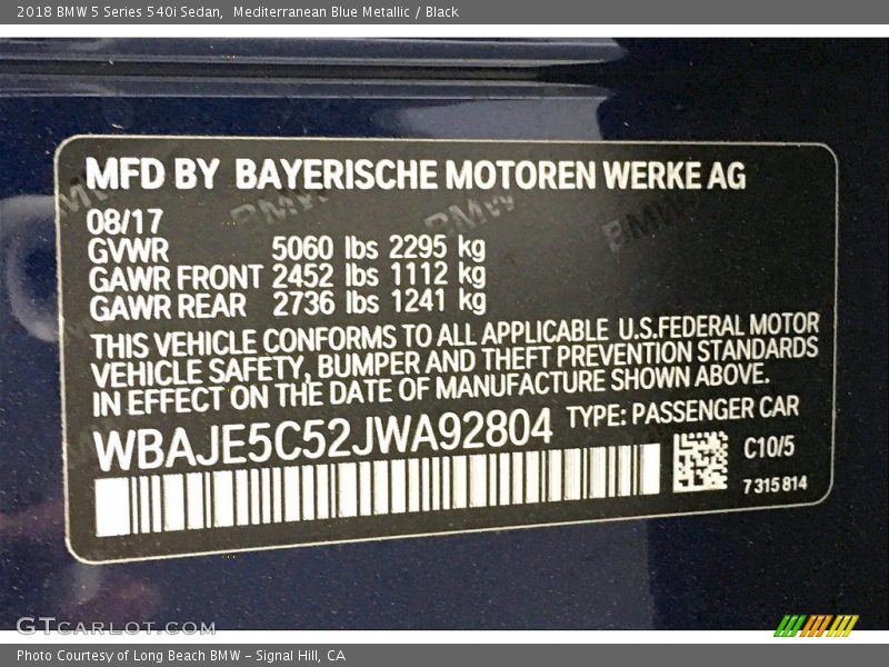 2018 5 Series 540i Sedan Mediterranean Blue Metallic Color Code C10