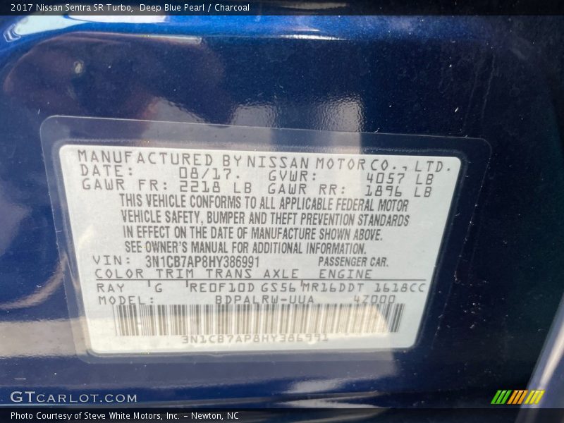 2017 Sentra SR Turbo Deep Blue Pearl Color Code RAY