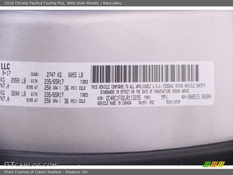 Billet Silver Metallic / Black/Alloy 2018 Chrysler Pacifica Touring Plus