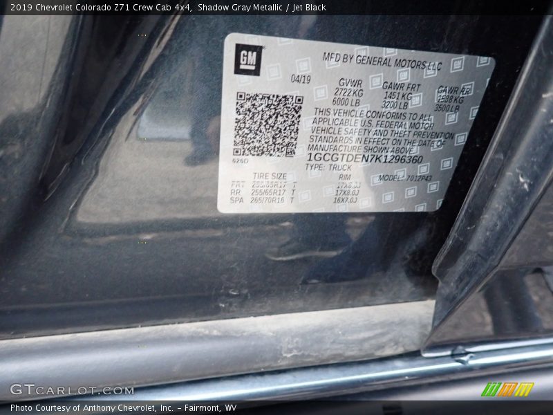 Shadow Gray Metallic / Jet Black 2019 Chevrolet Colorado Z71 Crew Cab 4x4