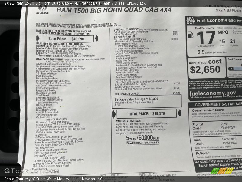  2021 1500 Big Horn Quad Cab 4x4 Window Sticker