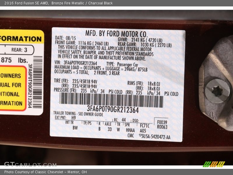 Bronze Fire Metallic / Charcoal Black 2016 Ford Fusion SE AWD