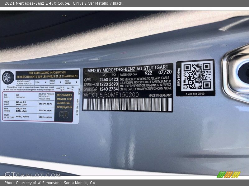 2021 E 450 Coupe Cirrus Silver Metallic Color Code 922