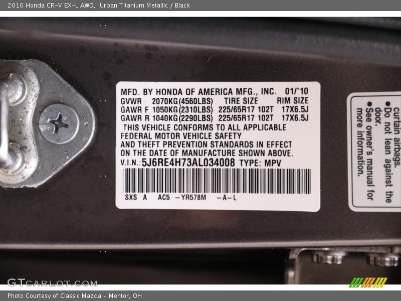 Urban Titanium Metallic / Black 2010 Honda CR-V EX-L AWD