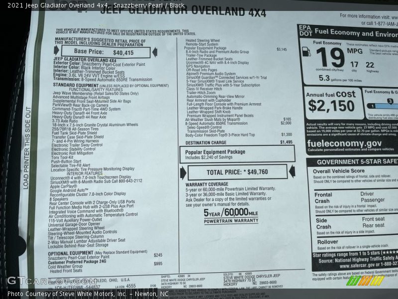  2021 Gladiator Overland 4x4 Window Sticker