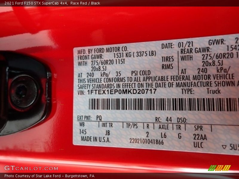 2021 F150 STX SuperCab 4x4 Race Red Color Code PQ