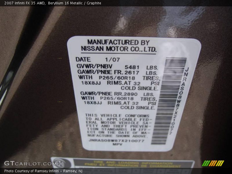 Beryllium 16 Metallic / Graphite 2007 Infiniti FX 35 AWD