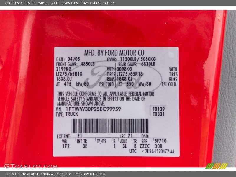 2005 F350 Super Duty XLT Crew Cab Red Color Code F1
