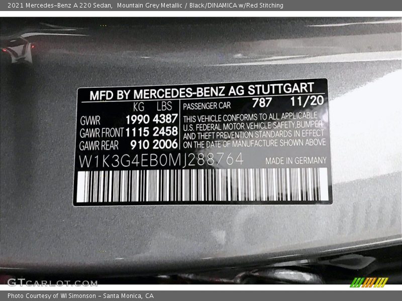 Mountain Grey Metallic / Black/DINAMICA w/Red Stitching 2021 Mercedes-Benz A 220 Sedan