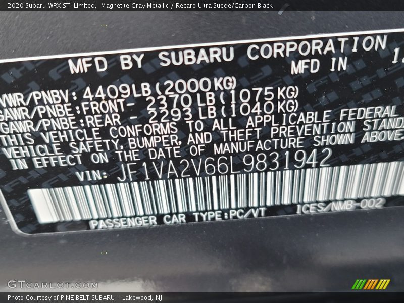 Magnetite Gray Metallic / Recaro Ultra Suede/Carbon Black 2020 Subaru WRX STI Limited