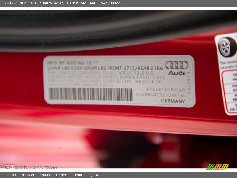 Garnet Red Pearl Effect / Black 2012 Audi A6 3.0T quattro Sedan